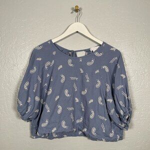 House of Harlow 1960 Women L Blue Cream Paisley Embroidery Crop Balloon Sleeve